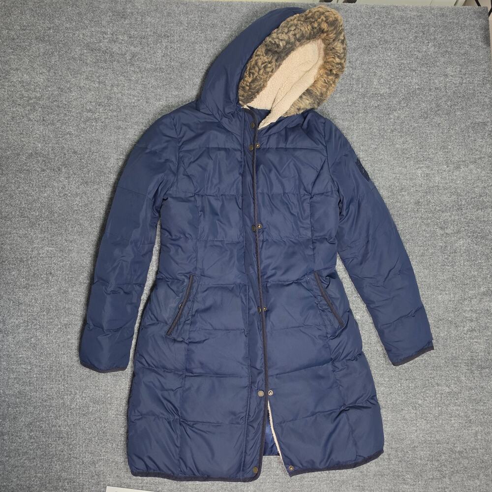 Lauren Ralph Lauren Womens S Long Down Puffer Coat Faux Fur Hood Navy Blue